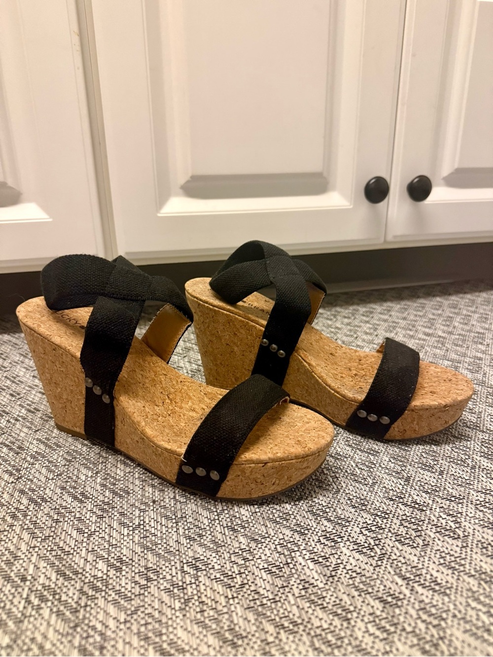 Lucky Brand Black Cork Platform Wedge Sandals